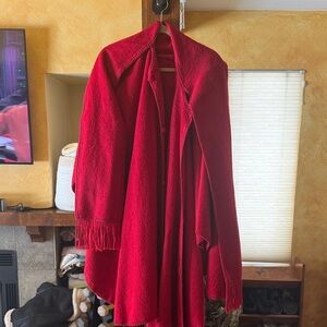 Vintage Red Fringe-Trim Poncho Sweater